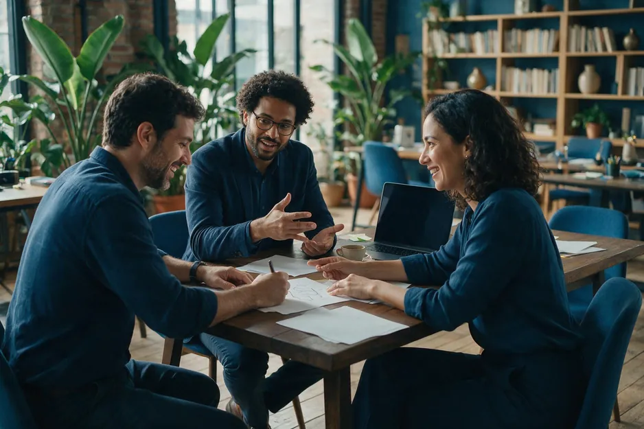 Três profissionais planejando um novo negócio em reunião de trabalho