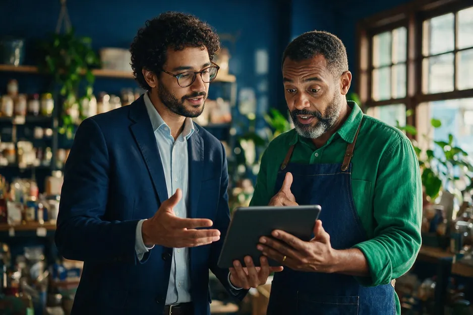 Consultor explicando a margem de um produto a um lojista, com tablet em mãos