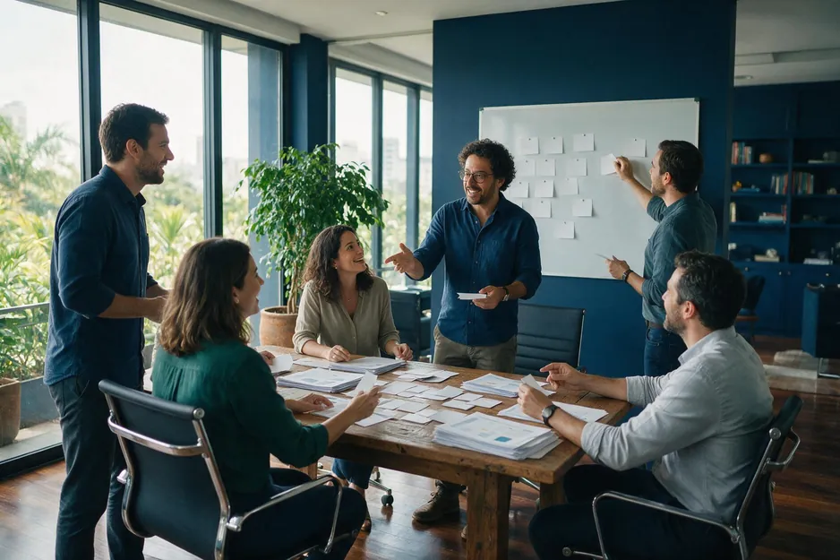 Equipe de várias áreas numa sessão de trabalho em torno de um quadro de planejamento