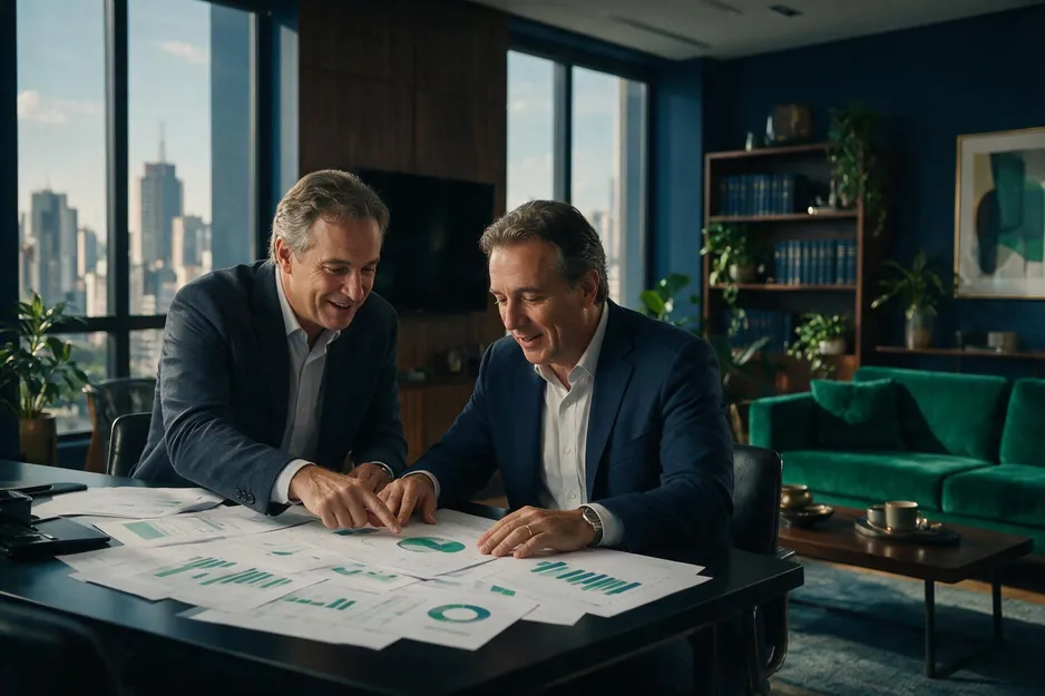 Consultor e empresário analisando relatórios financeiros juntos sobre a mesa