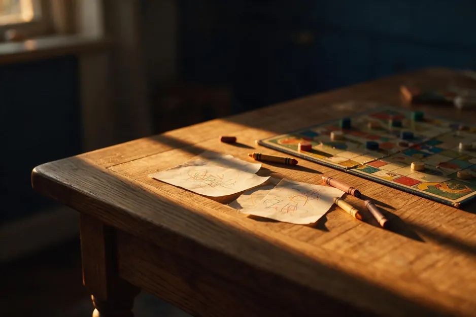 Mesa de casa ao fim da tarde, com desenhos de criança e um jogo de tabuleiro